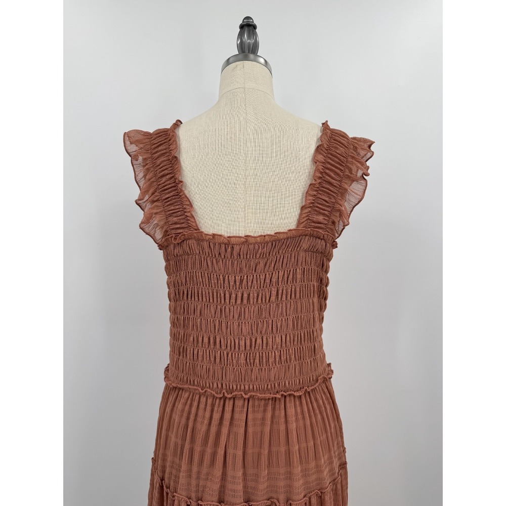 Max Studio London Tiered Midi Dress Ruffle Strap Ruched Bust Brown Women's L NWT - Picture 6 of 12